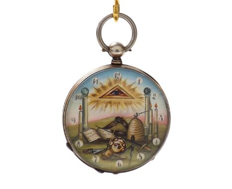 Masonic interest - Continental silver lever pocket watch, unsigned gilt frosted bar movement, the painted dial with Arabic nu