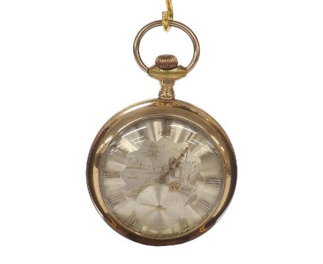 Moulin, Geneva cylinder gold plated pocket watch, signed cuvette, no. 1859, attractive engraved silvered dial with applied Ro