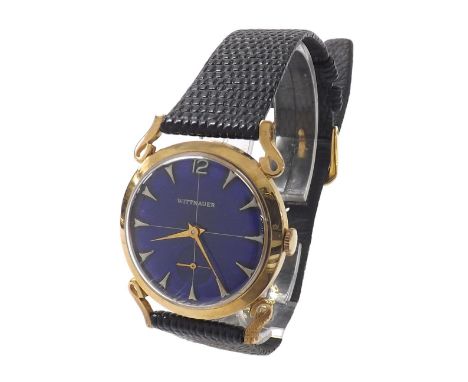 Wittnauer 14k gentleman's wristwatch, case no. 241682, blue dial with Arabic twelve, dagger markers and subsidiary seconds, s