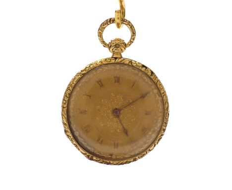 Attractive French 18k cylinder pocket watch, the gilt movement with a Breguet style layout, ornate foliate and matted dial wi