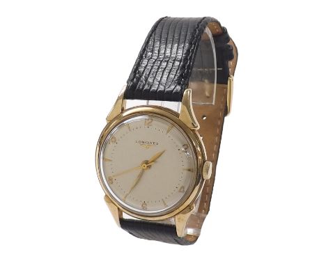 Longines 10k gold filled gentleman's wristwatch, circa 1950, silvered dial with gilt Arabic numerals and dagger markers, inne