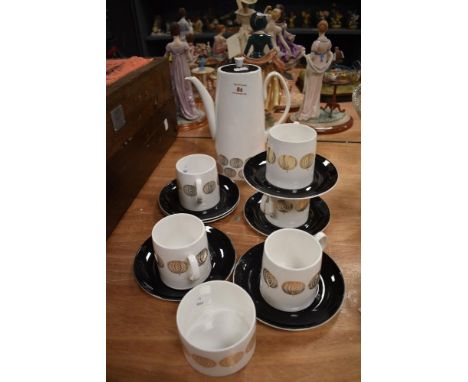 A mid-20th Century Queen Anne bone china coffee set, with gilt design, and comprising coffee pot, five teacups, six saucers a