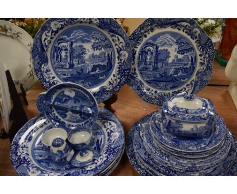 An assorted collection of Copeland Spode Italian pattern blue and white dinnerware, including a lidded tureen and plates