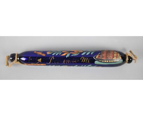 19th Century Blue Glass Rolling Pin with Hand Painted Anchor and Ship and Inscribed "Remember Me", 32cm wide 