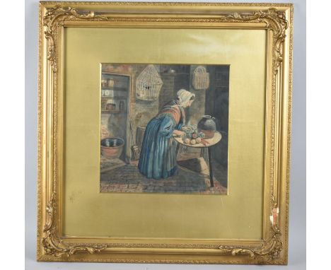 A Framed Lithograph Depicting Lady Preparing Vegetables after R Richards, 25cms Square 