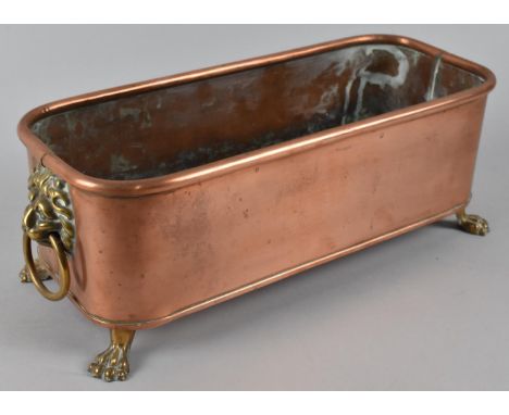 A Small Copper Rectangular Planter with Lion Mask Ring Handles and Claw Feet, 31cms Long 