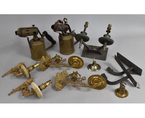 Two Brass Candle Sconces together with various Light Fittings and two Vintage Burners 
