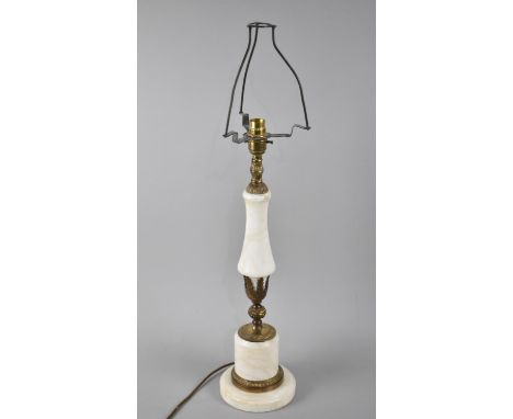 An Alabaster and Brass Table Lamp with Shade, Overall Height 68cms 