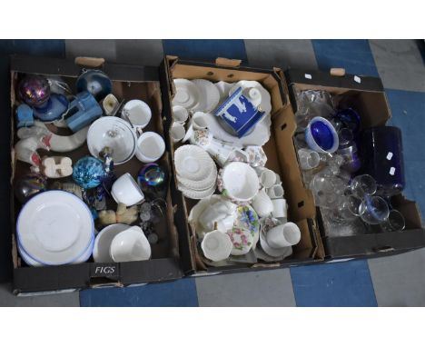 Two Boxes of Various Sundries to Comprise Glassware, Ceramics, Part Tea Service, Jasperware Cylindrical Pot (Missing Lid) Etc