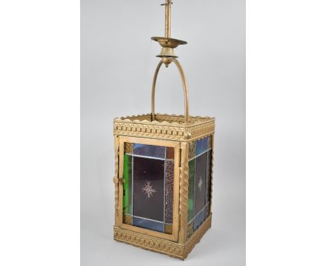 An Edwardian Pressed Metal and Leaded Stained Glass Hall Lantern Shade, Hinged Door now Soldered Shut, 56cms High 