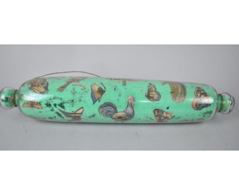 A 19th Century Glass Rolling Pin with Transfer Printed Decoration of Cockerels, Butterflies, Woodpeckers and other Birds on G