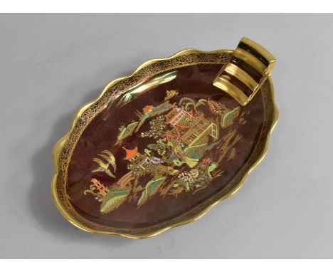 A Carltonware Rouge Royale Shaped Dish, Decorated with Coloured Enamels Depicting Oriental Villiage Scene, Enriched with Gilt