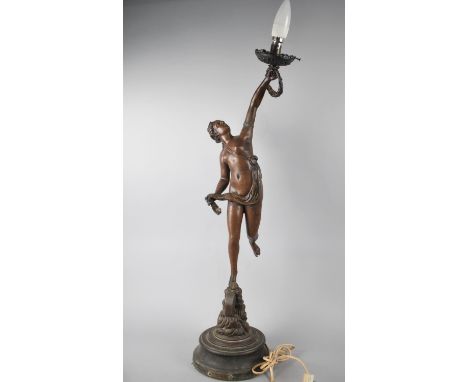 A French Spelter Table Lamp Base, "Fortune", Some Repairs and Missing Shade, 87cms High Overall 