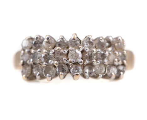 DIAMOND DRESS RING, set with three rows of round brilliant cut diamonds totalling approximately 0.60 carats, unmarked, size M