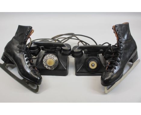 BAKELITE VINTAGE TELEPHONES and a pair of old ice skates and box for Fagan