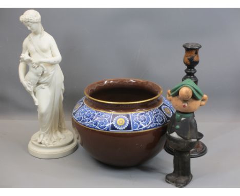 PARIAN FIGURE OF A LADY, 38cms H, Minton's planter, 25cms diameter, Andy Capp figure and a pokerwork candlestick