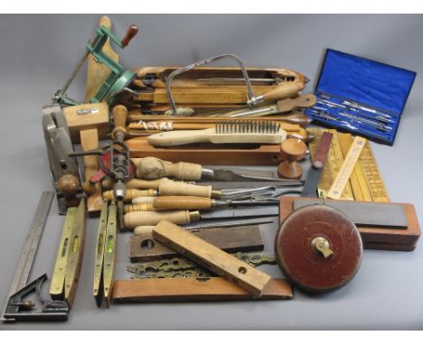 VINTAGE TOOLS - milliner's shuttles, brass mounted spirit levels, ETC, to include a quantity of boxwood folding rules includi