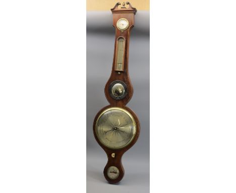 GEORGIAN MAHOGANY BANJO BAROMETER WITH THERMOMETER and Lynn warranted level, 97cms H