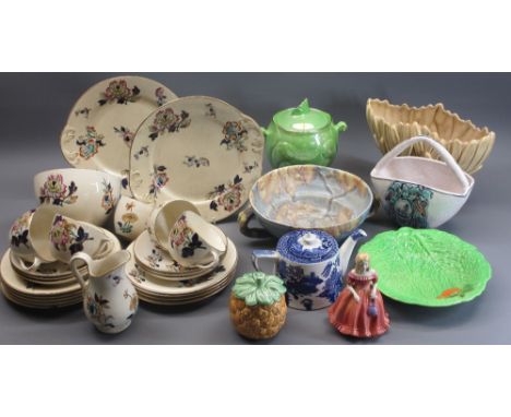 MIXED CHINA &amp; POTTERY GROUP - a Victorian part teaset, Sylvac planter, Carltonware bowl, Maling biscuit barrel and cover,