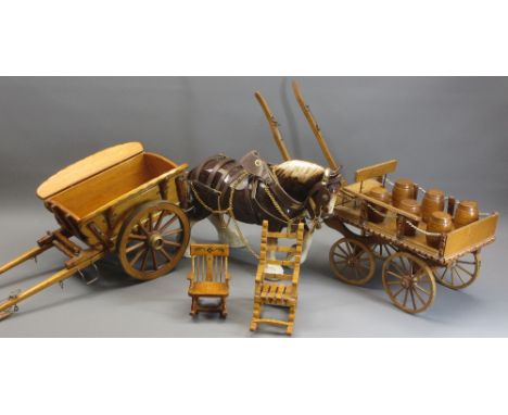 POTTERY SHIRE HORSE with two large model dray and other carts and two miniature wooden armchairs