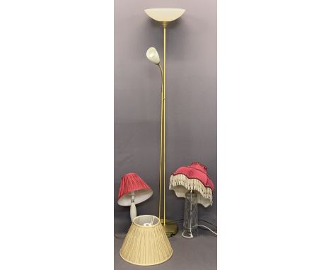 GALWAY CRYSTAL GLASS LAMP with fancy shade, another ornate table lamp and shade and an uplighter standard lamp, ETC