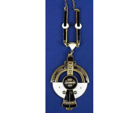 NORWEGIAN BLACK &amp; WHITE ENAMEL ON 925 SILVER PENDANT by Nils Erik Elvik together with an incorporated 825 silver gilt cha