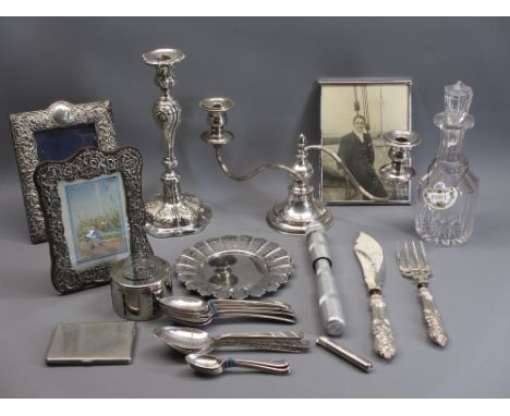 HALLMARKED SILVER PORTRAIT FRAMES (2), EPNS candlesticks and cutlery, ETC, including a glass decanter and stopper with cerami