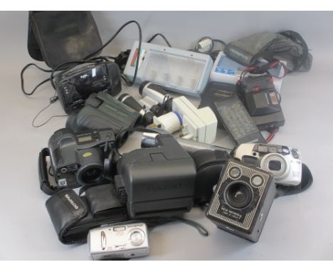 BROWNIE &amp; LATER OLYMPUS, PENTAX CAMERAS, Cannon CP400 compact printer, Chinon waterproof field glasses 10 x 30 with inbui