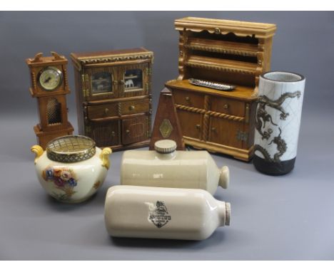 MINIATURE WOODEN DRESSERS (2), longcase clock, vintage mahogany metronome, Oriental and English vases (2) along with two ston