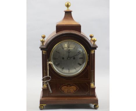 DOUBLE FUSEE BRACKET CLOCK - inlaid mahogany by Potts &amp; Sons Leeds with a pagoda top, brass ball finials and feet and a s