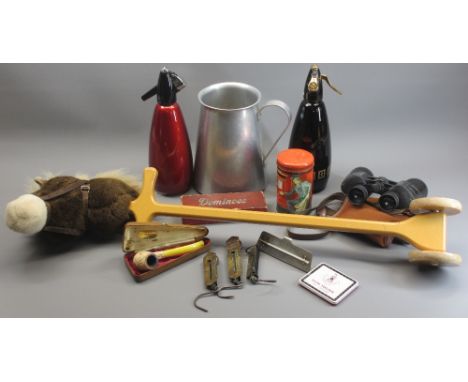 MIXED COLLECTABLES - a Merrythought hobby horse, vintage soda syphons, brass pocket balances, modern carved meerschaum pipe, 