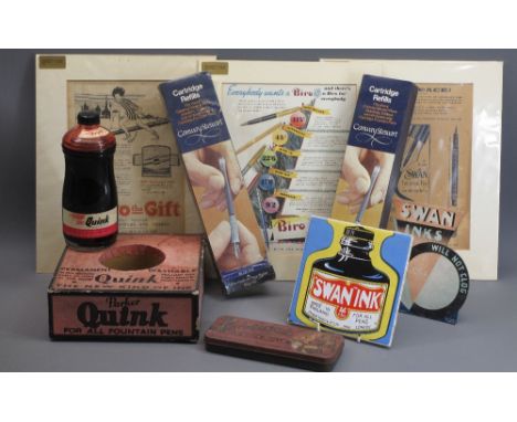 FOUNTAIN PEN ADVERTISING MATERIAL to include a Parker Quink countertop box with a near full bottle of red ink, two feed displ