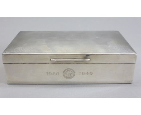 SILVER RECTANGULAR CIGARETTE BOX - Birmingham 1949, maker Mappin &amp; Webb, 16cms L, with engine turned detail to the lid, i