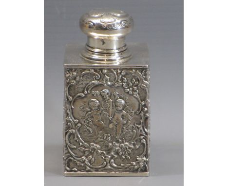 SILVER CONTINENTAL TEA CADDY - London import marks 1896, B M importer's mark, 10.5ozt, the body decorated with cartouche pane