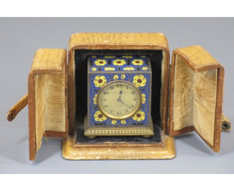 CHAMPLEVÉ ENAMEL CASED TRAVELLING CLOCK - Bright &amp; Sons of Scarborough, Zenith eight day, in original travel case, size o