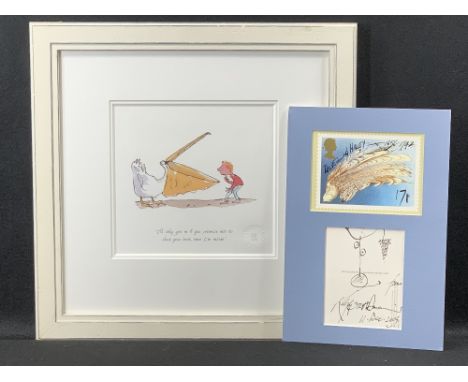 RALPH STEADMAN cartoon sketch and signature on Post Office picture card and one other, both depicting his 1980s designs for H