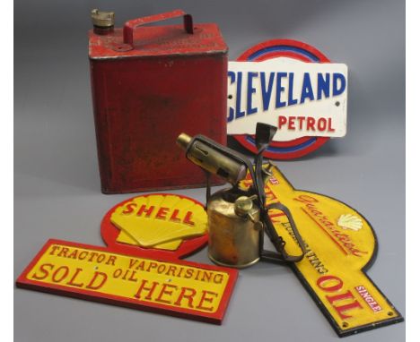 PETROL/OIL VINTAGE &amp; LATER ADVERTISING MATERIAL - a red petrol can with brass Shell cap, reproduction cast and wooden adv