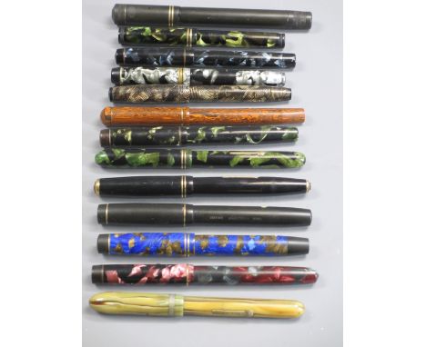 FOUNTAIN PENS (13) - assorted, vintage, two with steel nibs and eleven with 14ct gold nibs