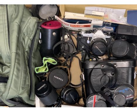MIXED CAMERA EQUIPMENT &amp; LENSES, boxed aluminium field tripod and a pair of cased Swift Grand Prix Mk 1 8x40 binoculars, 