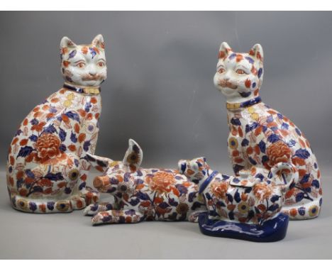 20TH CENTURY JAPANESE IMARI STYLE ANIMALS including a pair of cats, 37cms H, recumbent pig, 31cms L and a cow creamer