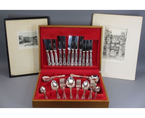 MODERN CASED CANTEEN of EPNS King's pattern cutlery, six place settings, forty four pieces along with two vintage etchings, b
