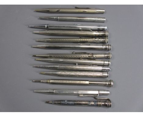 VINTAGE SILVER OR WHITE METAL MECHANICAL PENCILS (13) -1.  white metal with engine turned patterns such as chevrons and barle