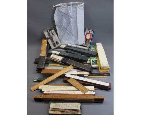 VINTAGE SLIDE RULES, Raybone, Chesterman five-fold two metre rule and various other measuring tools, makers include Faber-Cas