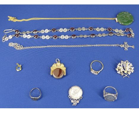 925 SILVER &amp; AMBER NECKLACE, 25grms and a parcel of mixed items including an unmarked, believed gold, harp and clover bro