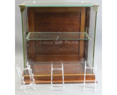 SWAN PENS MAHOGANY &amp; GLASS MOUNTED DISPLAY CABINET with etched detail to the glass front, single opening rear door and in