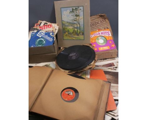 VINTAGE EDUCATIONAL DISPLAY CARDS, prints and amateur watercolours with a quantity of gramophone records and later 45 rpms