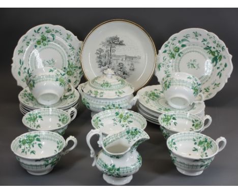 VICTORIAN TEASET, 23 PIECE including a lidded sucrier and a commemorative plate for Menai Suspension Bridge