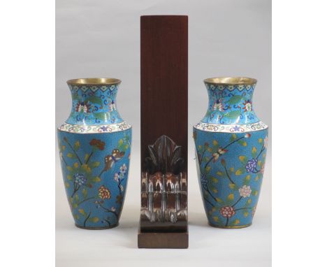 CLOISONNE VASES, A PAIR - 26cms tall and an antique mahogany wall shelf inscribed 'Lambert, Coventry Street, London', 36cms H