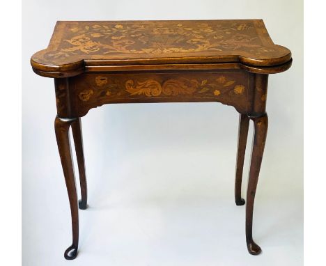 DUTCH CARD TABLE, 18th century mahogany and satinwood foliate marquetry with counter rounded corners side drawer and cabriole