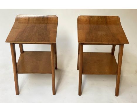 BENTWOOD LAMP TABLES, figured walnut with two tiers, 30cm x 33cm x 45cm H. (2) 